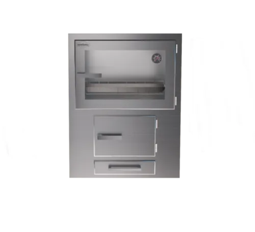 Forno a lenha Tecnogrill em aço inox Ariel com porta vidro para embutir na alvenaria