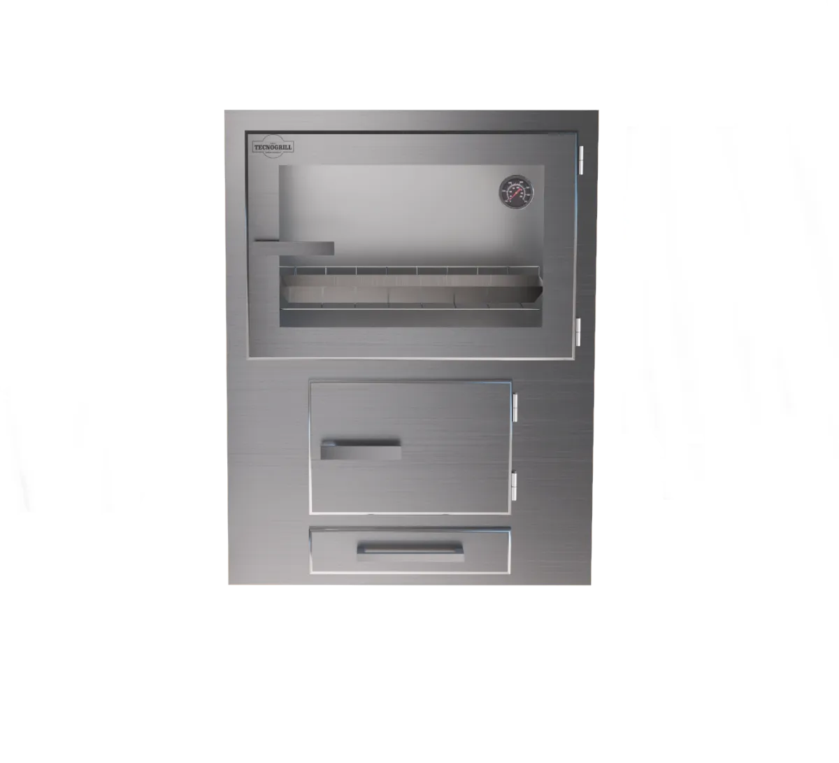 Forno a lenha Tecnogrill em aço inox Ariel com porta vidro para embutir na alvenaria