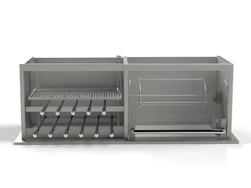Churrasqueira Grill inox 11 espetos rotativos com grelha motorizada acoplado espeto para leitão